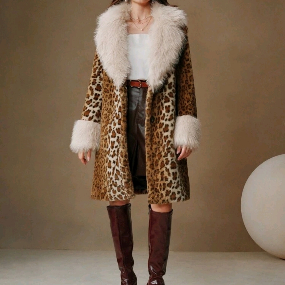 Faux Fur Leopard Print Fluffy Trim A-Line Waist Long Women's Coat - Picture 6 of 9